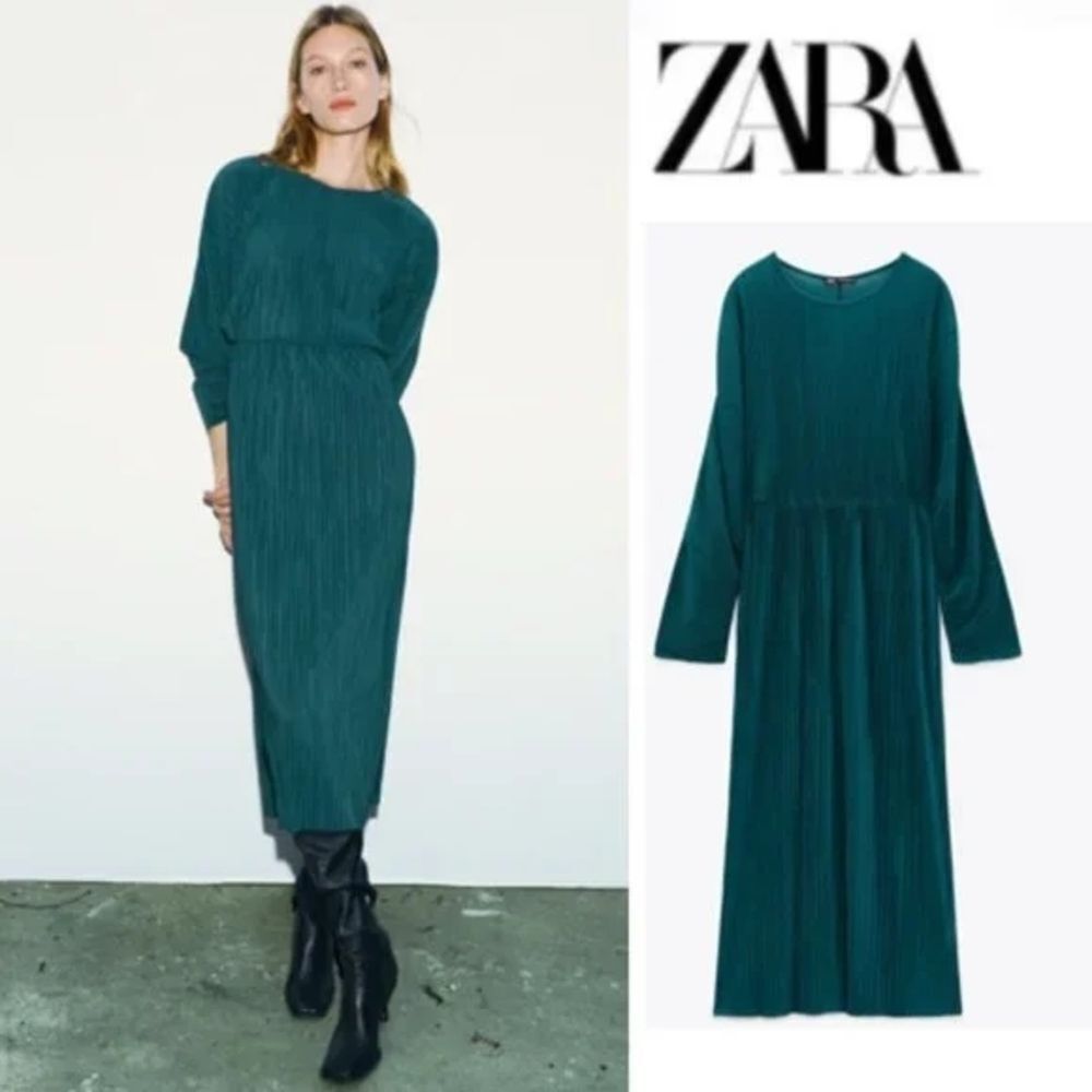 Zara Teal Long Sleeve Crinkle Dress